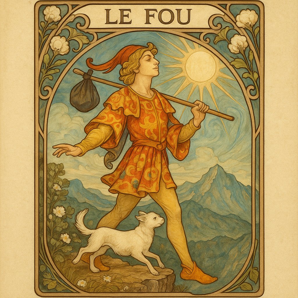 AI generated tarrot card the fool inspired by Mucha