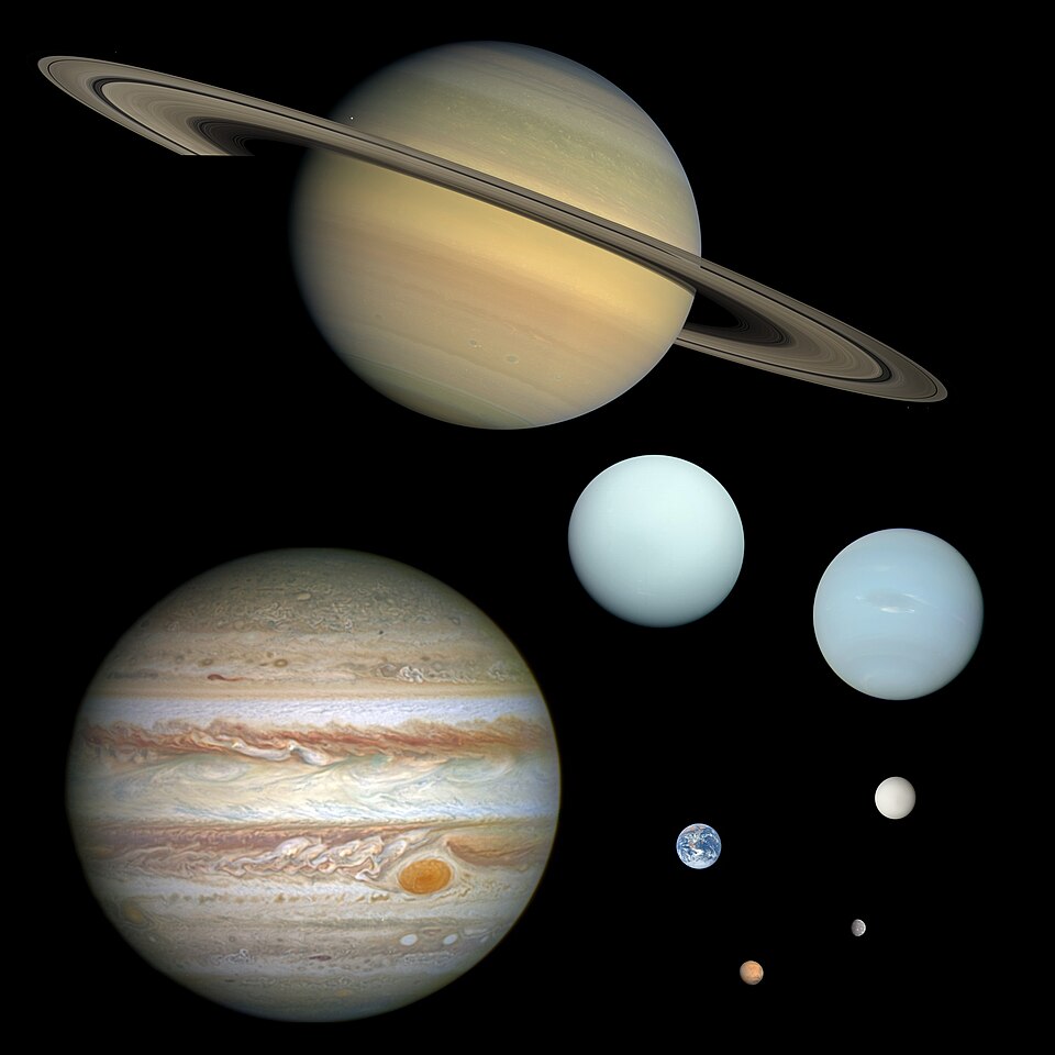 太陽系の8つの惑星と大きさの比較（上から下、左から右）:土星、木星、天王星、海王星(外惑星)、地球、金星、火星、水星(内惑星)の画像