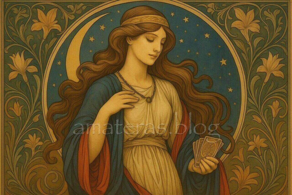 月を背にタロットカードを持つ女神のイラスト