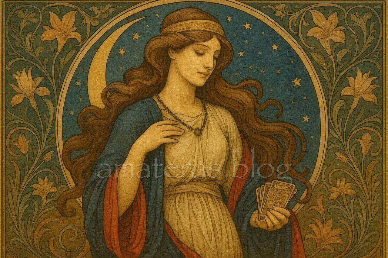 月を背にタロットカードを持つ女神のイラスト