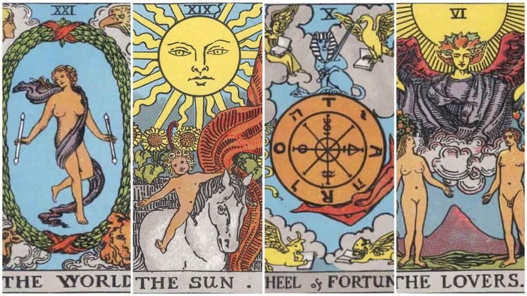ウェイト版タロット大アルカナの「世界」「太陽」「運命の輪」「恋人」のカード